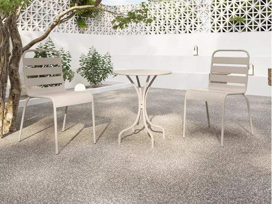 Salle à manger de jardin en métal - une table D.60cm et 2 chaises empilables - Beige - MIRMANDE de MYLIA