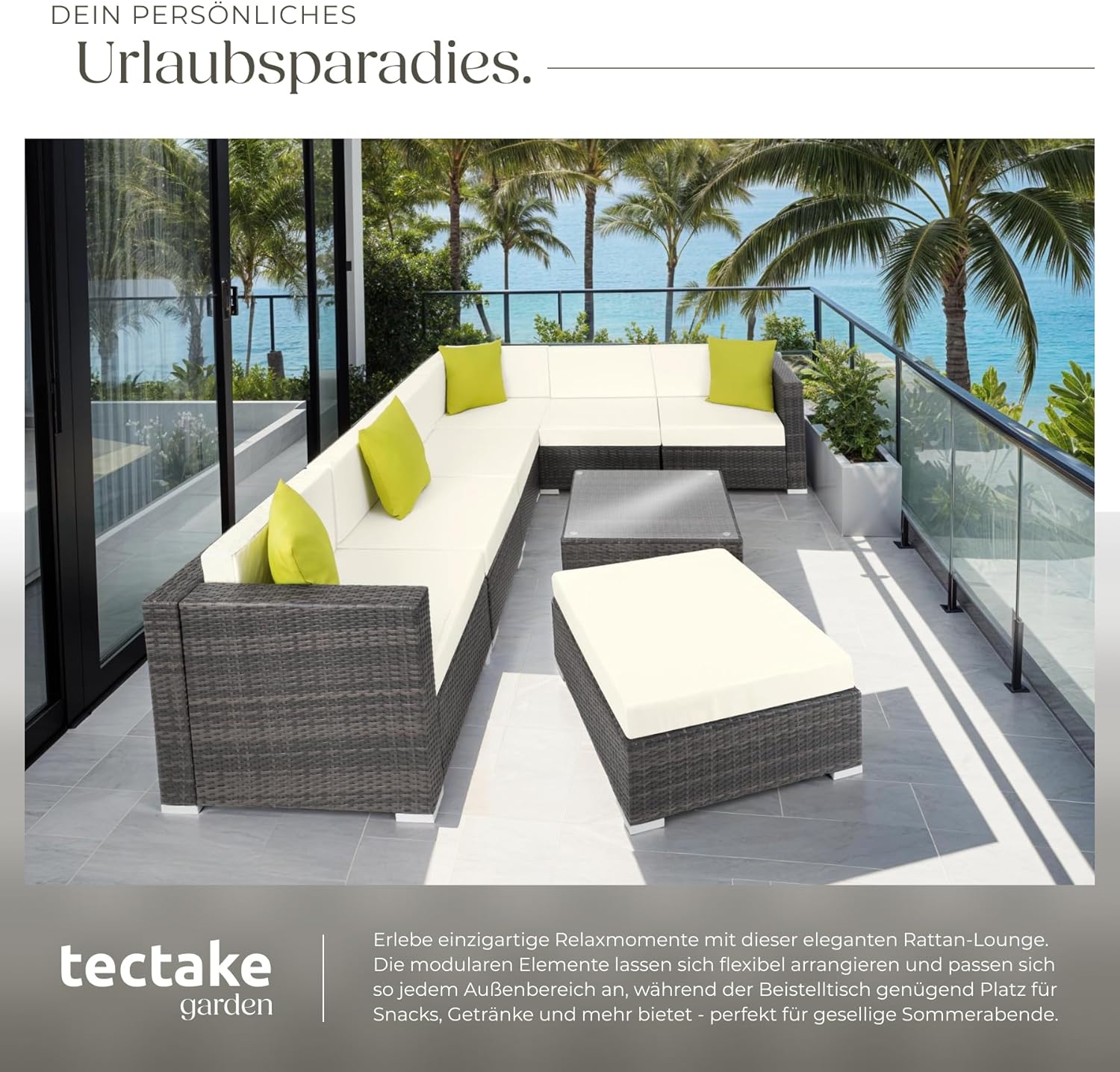 tectake® Poly Rattan Lounge, Garten Loungemöbel Set für 6 Personen, große Sitzgruppe mit L-Form Sofa und Esstisch Outdoor, Gartenmöbel wetterfest, Terrassenmöbel inkl. Hocker und Kissen - grau