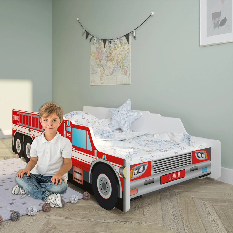 Kids Collective Autobett 80x160 cm Feuerwehr Spielbett Kinderbett mit Rausfallschutz und Lattenrost rot mit Matratze