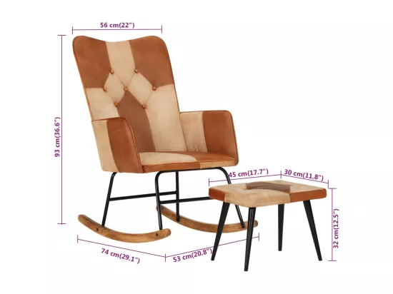 Chaise à bascule et repose-pieds Marron Cuir véritable et toile