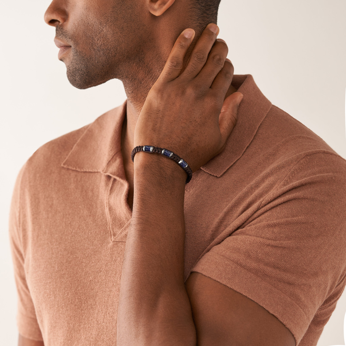 Bracelet FOSSIL acier cordon brun et sodalites