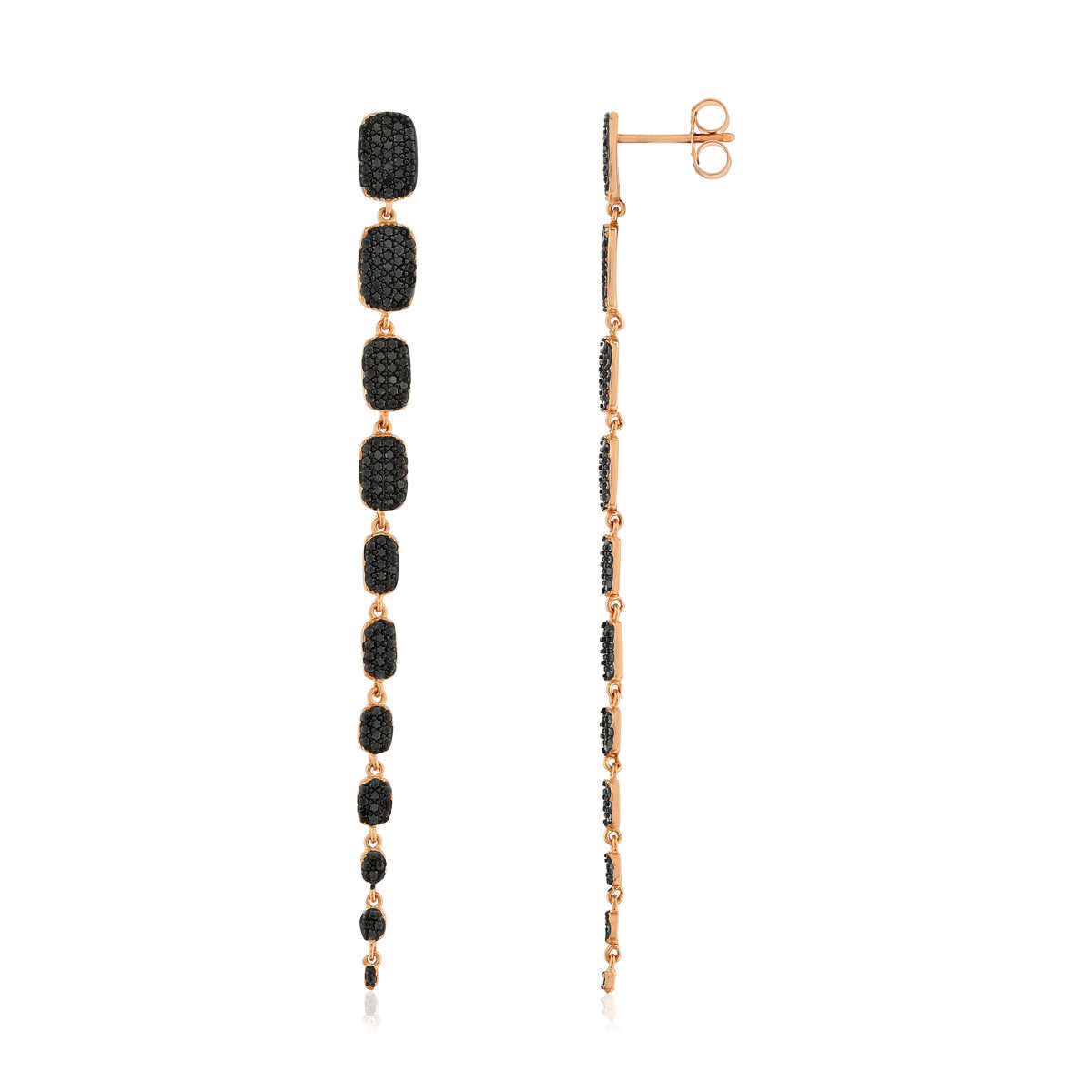 Boucles d'oreilles pendants argent 925 rose et ruthénium noir, zirconias noir.