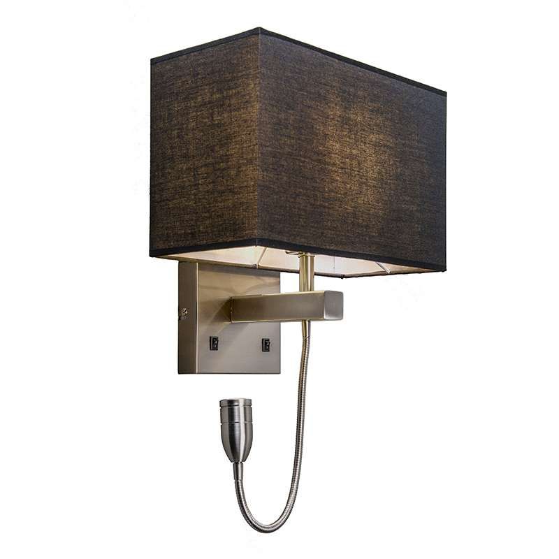 Wandlamp staal met zwarte kap en leesarm incl. LED - Bergamo