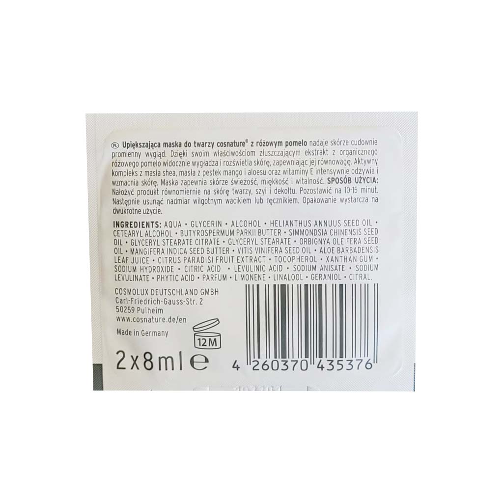 Cosnature Skin Mask Pink Pomelo 2x 8ml