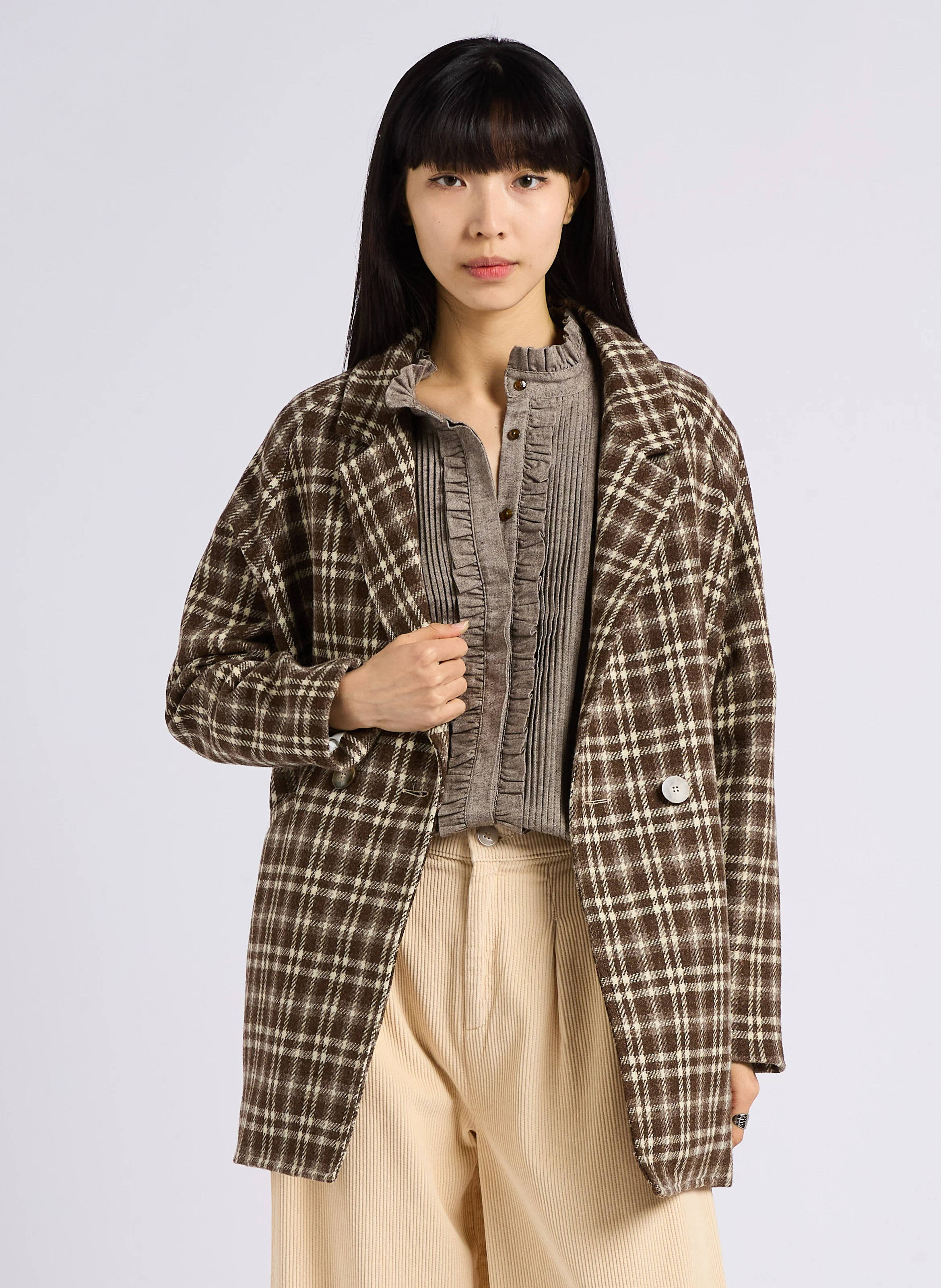 AIME - Manteau long imprimé en laine | Marron