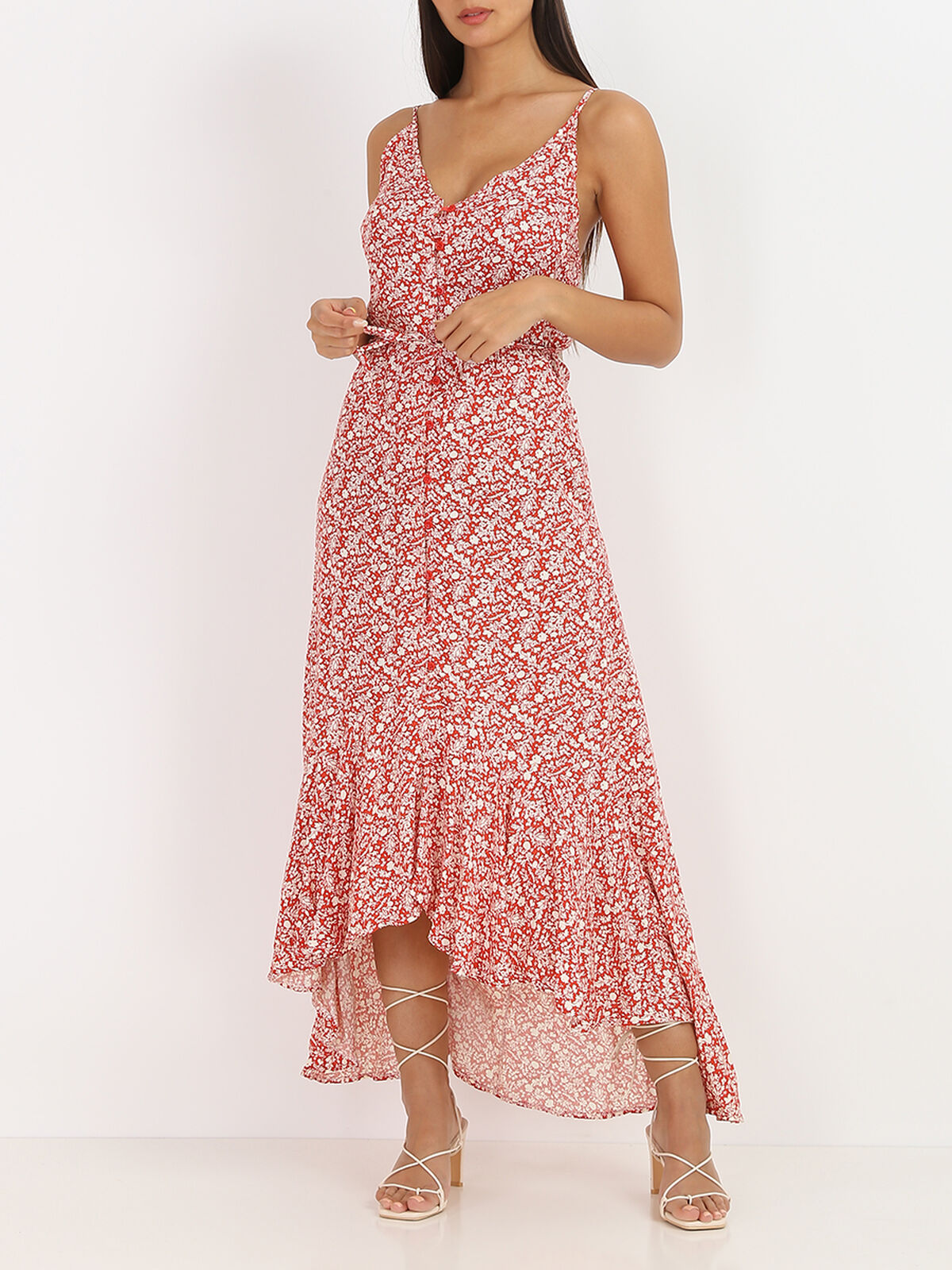 Robe longue fleurie à boutons- Rouge