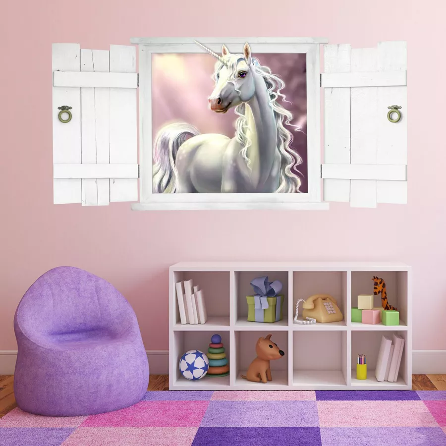 Nikima Wandtattoo 211 Einhorn im Fenster mit weißen Fensterläden in 6 vers. Größen lila