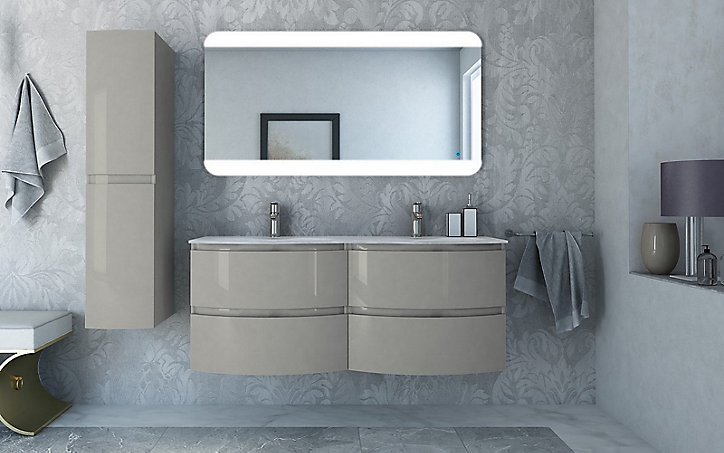 Meuble sous-vasque gris clair Vague 138 cm + plan double vasque en verre