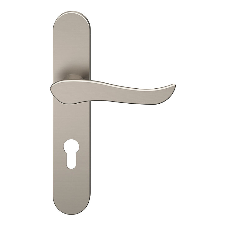 Ensemble poignée sur plaque rondcylindre GoodHome Armel effet nickel satin gris L.130mm x l.42mm entraxe 165-195mm