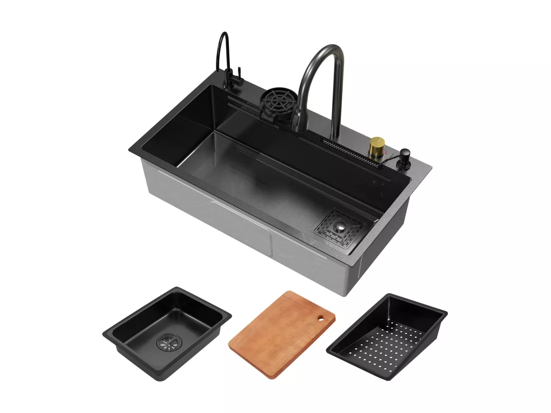 Évier de cuisine encasté multifonctions robinet douchette 80x46 cm anthracite