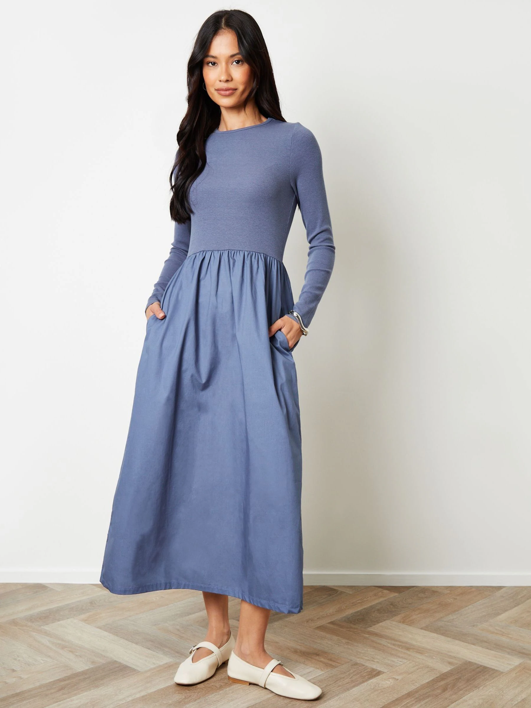 Marineblauw - Threadbare geribbelde jersey 2-in-1 midi-jurk met poplin rok
