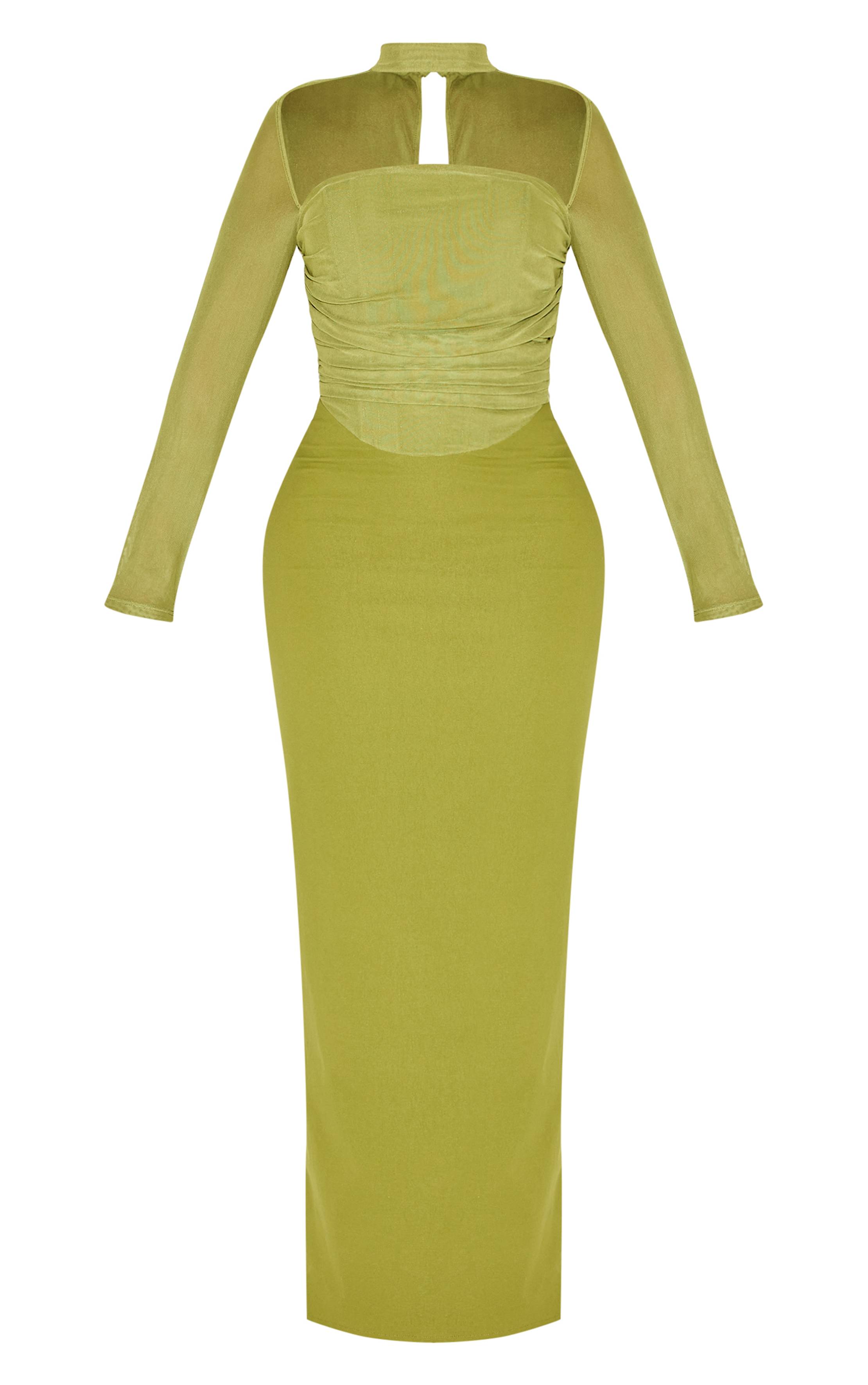 Vert Robe Longue Moulante En Résille À Manches Longues Avec Corset Froncé