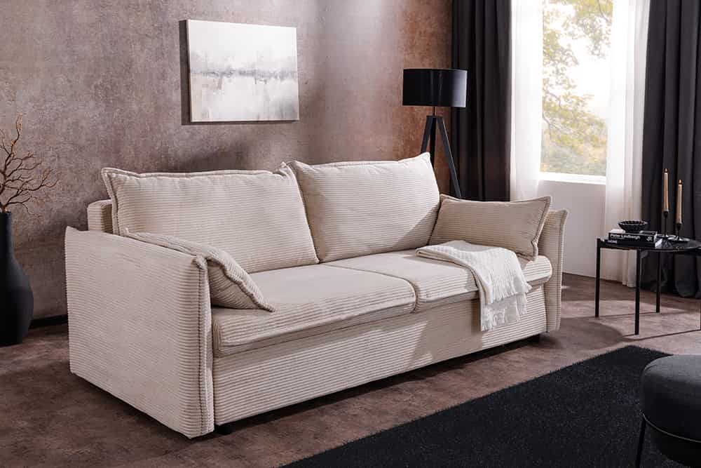Design Schlafsofa APARTMENT 215cm beige Cord 3-Sitzer Couch inkl. Bettkasten Kissen