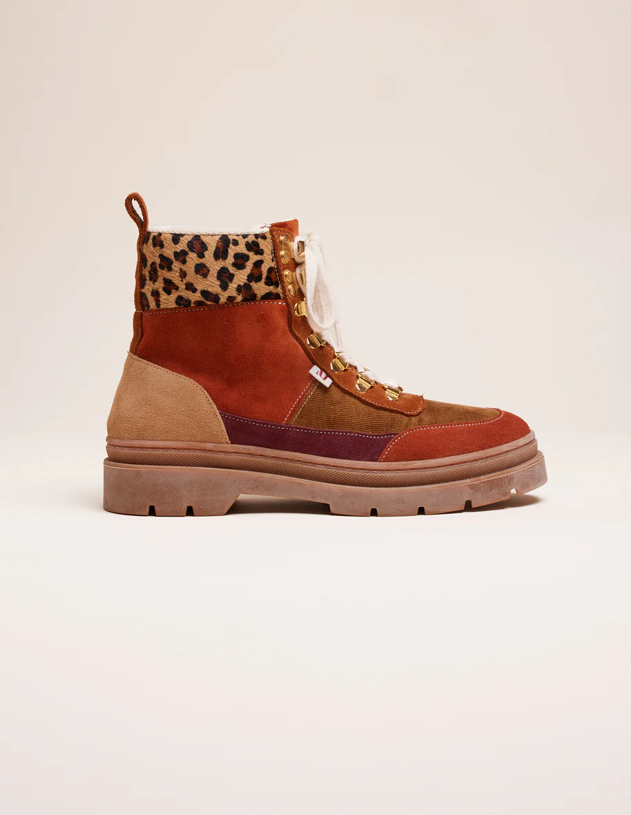 Bottines à lacets Joelle - Suède et pony cognac ambre marron