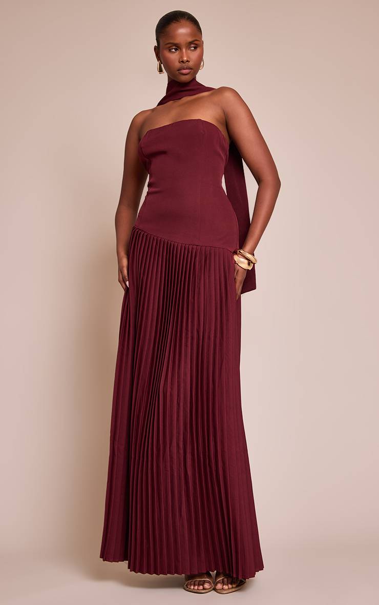 Rouge Vin Robe Maxi Plissée Asymétrique En Tissu Tissé