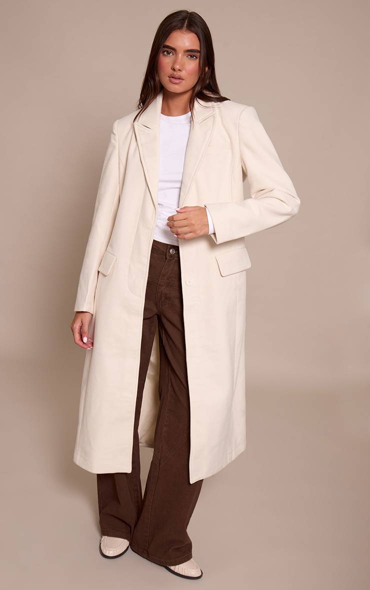 Crème Manteau Long À Carreaux Aspect Laine Avec Détails De Coutures Et Boutonnage Simple
