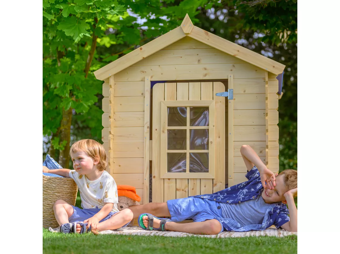 Timbela M570Z-1 Maison en bois pour enfants -Toit vert- 111x114xH121cm/0.9 m2