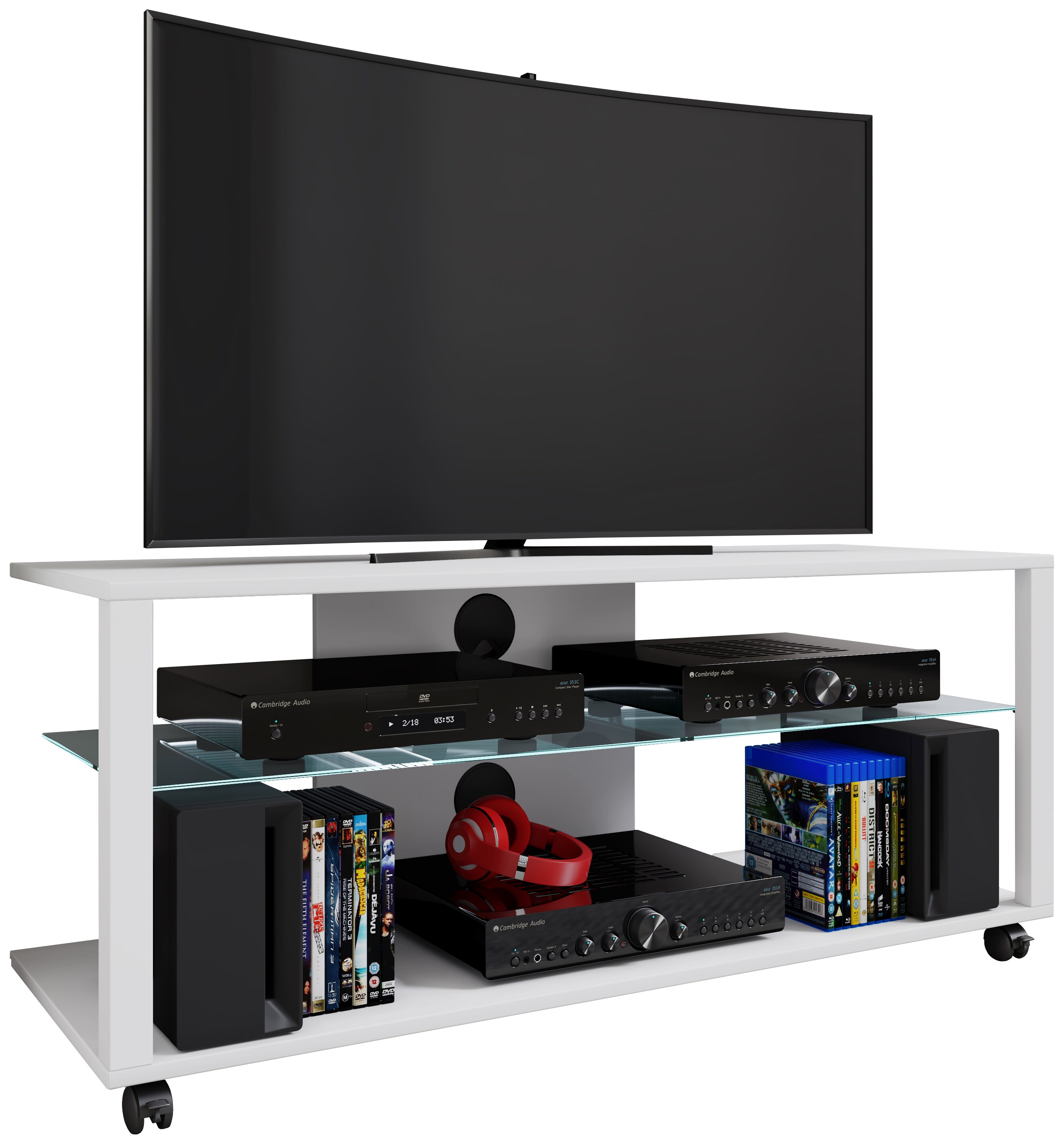 VCM Holz TV Lowboard Rollen Fernsehschrank mobil Rack Konsole Möbel Fernsehtisch Fernseh Phono Glas Folas XL