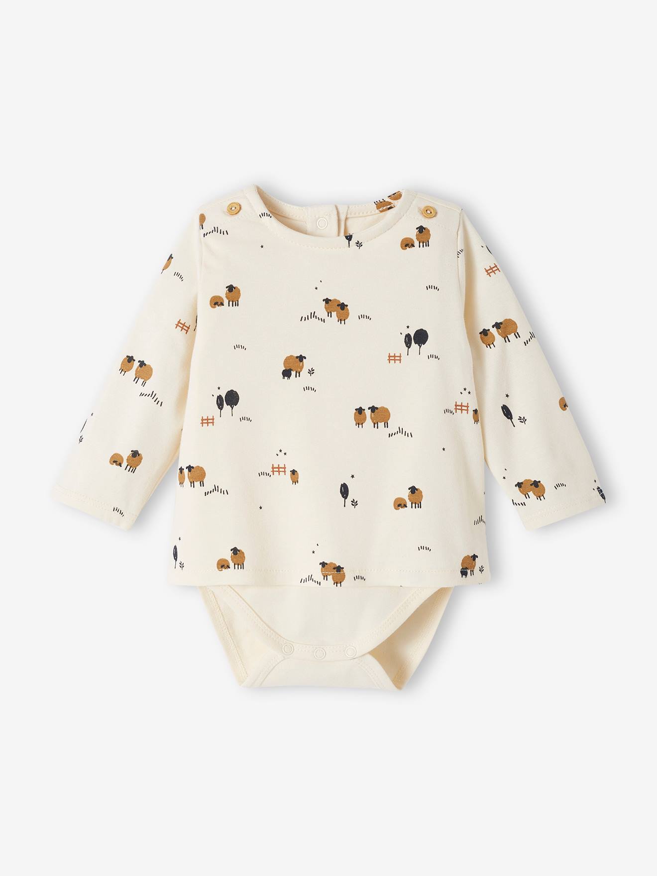 Camiseta/body de manga comprida para bebê com estampa de ovelhinha na cor natural.