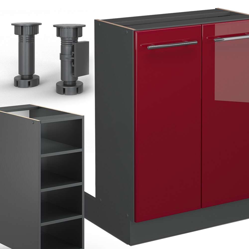 Vicco Kücheninsel Küchenblock Einbauküche Fame-Line Anthrazit Bordeaux Rot 90 cm modern Hochglanz Küchen Schränke Regalunterschrank Küchenunterschrank Regalinselunterschrank Softclose-Scharnier Küchenmöbel