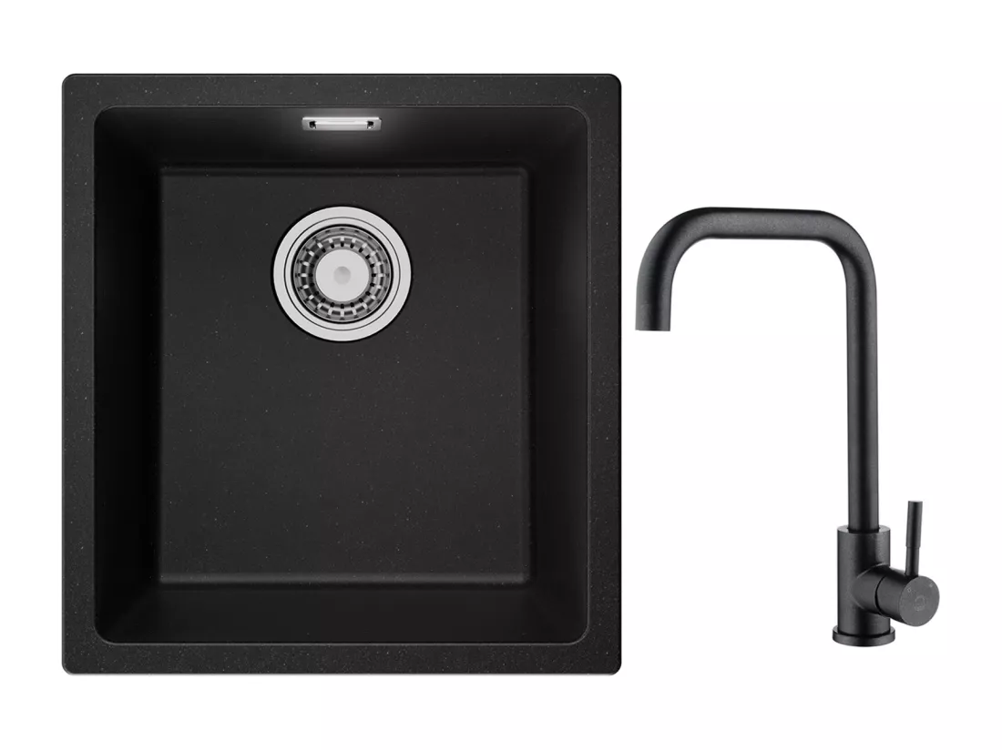 Evier 1 Bac en Quartz et Résine, 3 Options de Montage, 40*44*20cm + Mitigeur de Cuisine en Inox Noir étoilé avec Bec Haut et Incurvé