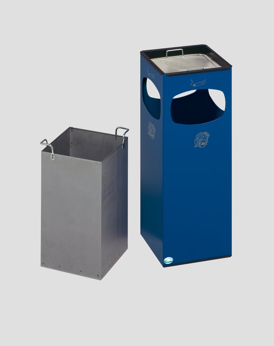 PROREGAL Robuuste Combi-asbak met 4 compartimenten, Afmetingen (H x B x D): 66 x 25 x 25 cm, Gegalvaniseerd staal, Blauw
