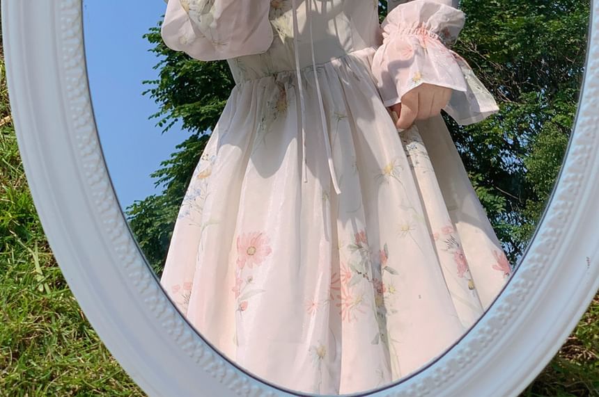 Moregirl - Midi-A-lijnjurk met lange mouwen en vierkante hals en bloemenprint