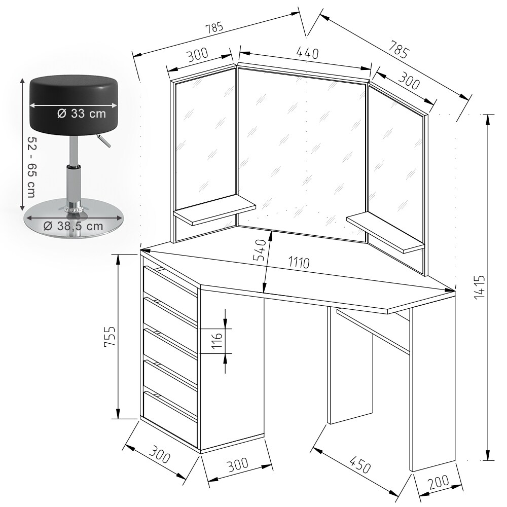 Vicco Schminktisch Arielle Frisiertisch Kommode Frisierkommode Spiegel Schwarz inklusive Hocker