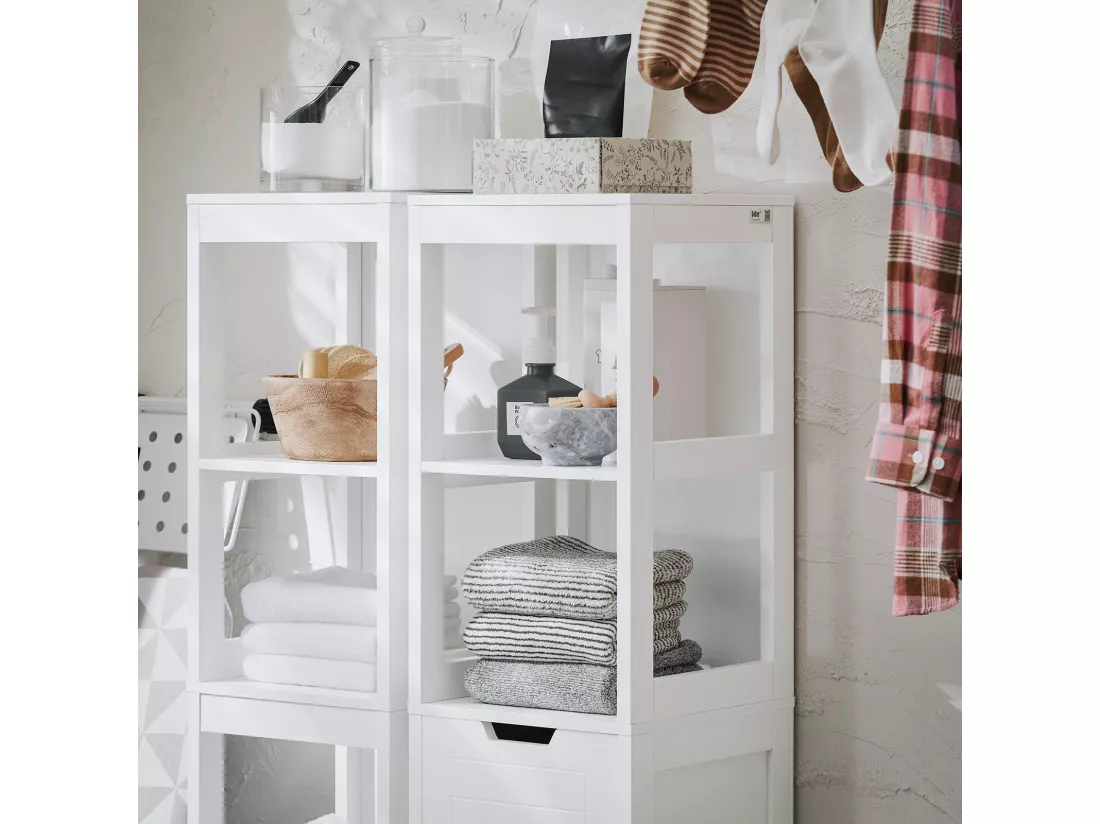 SoBuy Meuble Colonne de Salle de Bain, Armoire Toilette Haute, Meuble Salle de Bain Placard avec Étagères et Panier à Linge 30 x 30 x 145 cm, Blanc, BZR123-W