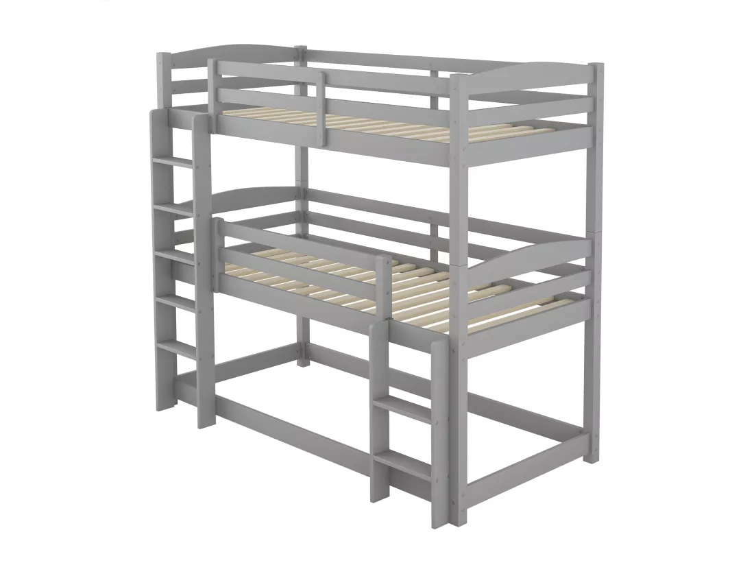 Lit superposé triple avec échelle et barrière de protection - 90x200cm - bois massif - Gris