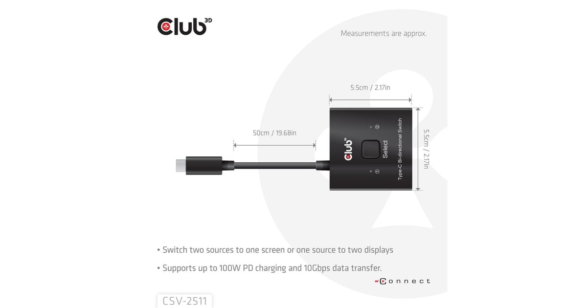 Club 3DUSB-C Bi-Directional Video + Data + PD Switch usb-switch  (Zwart)