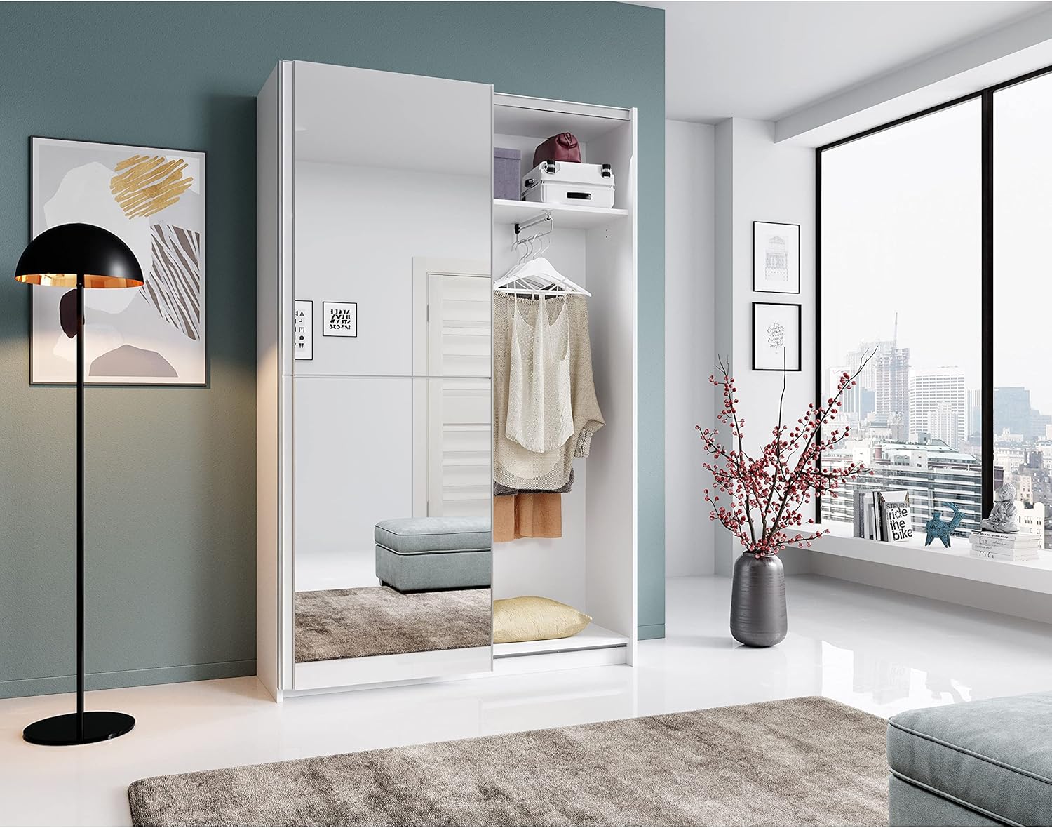 Stella Trading FAST Eleganter Kleiderschrank / Garderobenschrank mit Spiegeltür & viel Stauraum - Vielseitiger Schwebetürenschrank in weiß - 125 x 195 x 38 cm (B/H/T)