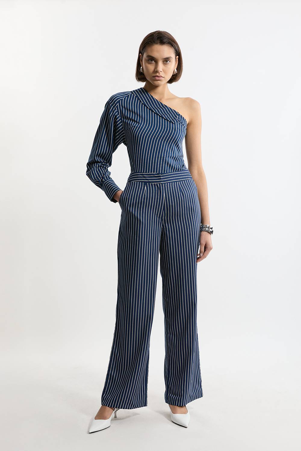 KarenMillen Pantalon tissé en coton à jambes larges rayé