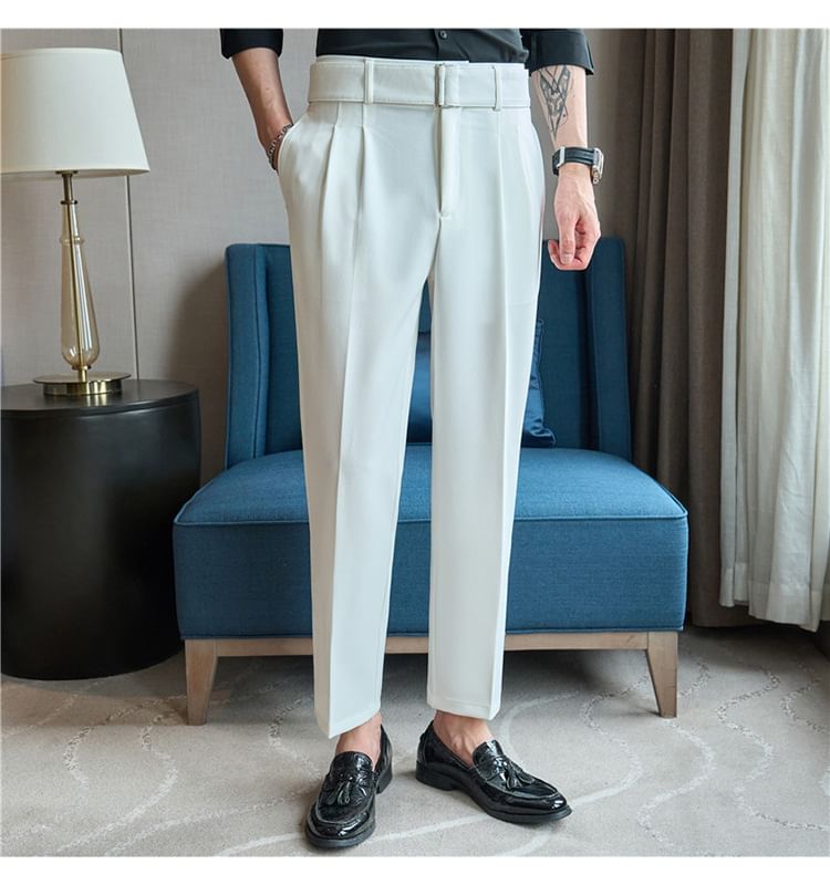 Lefitt - Set: Mid Rise Plain Cropped Straight Leg Dress Pants + Belt