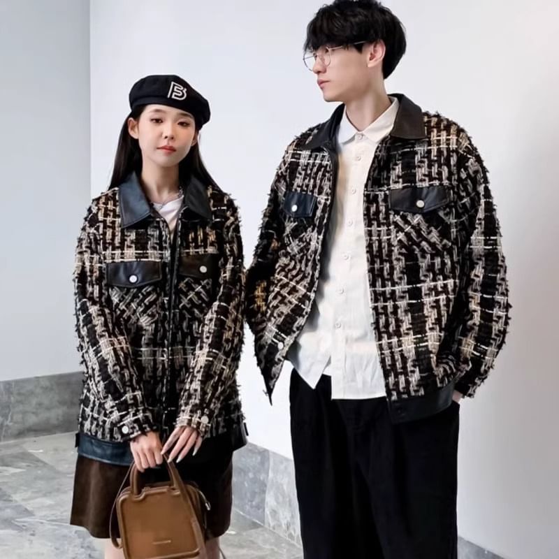 Cowpow - Kraag imitatieleren paneel tweed knoopjas
