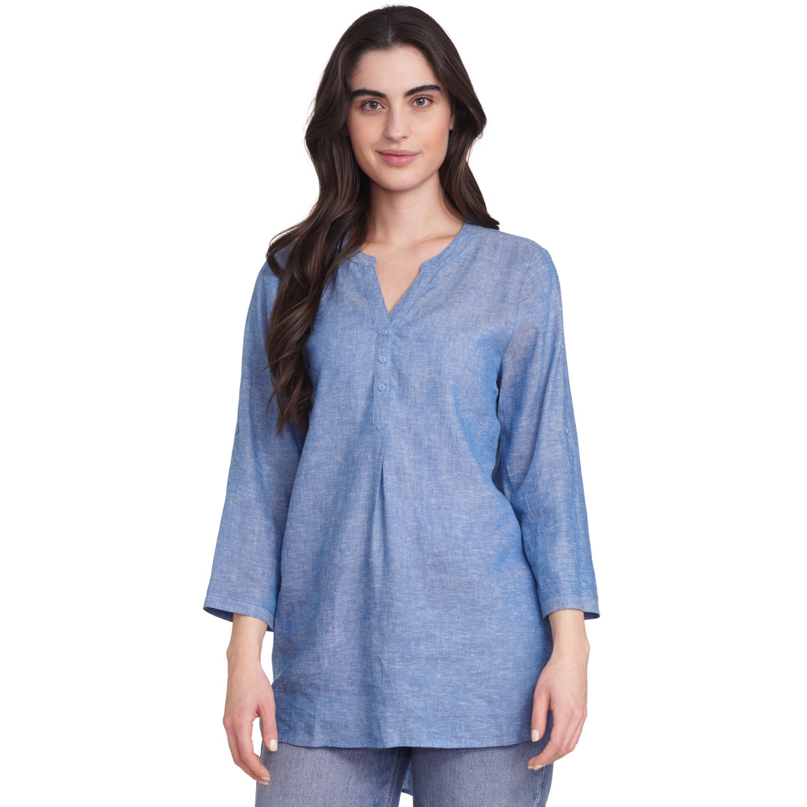 Gina Damen Leinen-Bluse mit Serafino-Ausschnitt blau