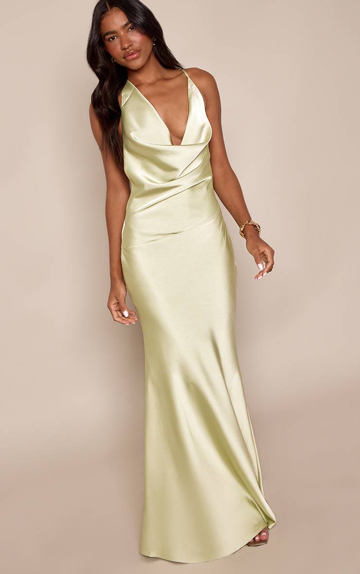 Vert Sauge Robe Longue En Satin À Col Bénitier Asymétrique