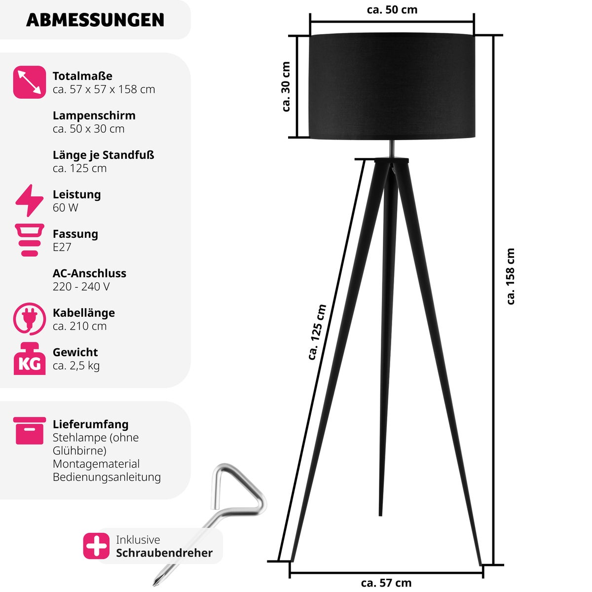 tectake Lunaris vloerlamp, statiefvoet van staal, 60 W, 57 x 57 x 158 cm