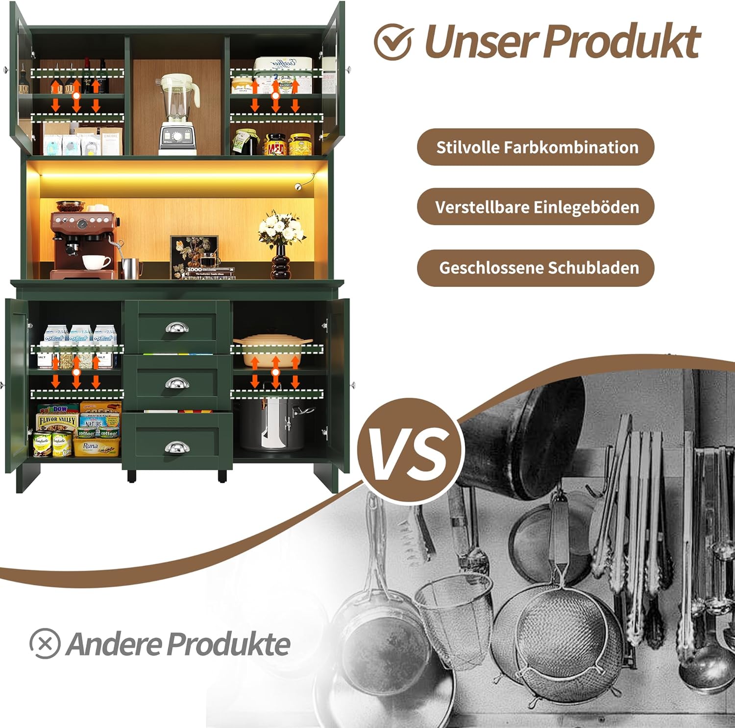 Buffetschrank, Hochschrank, Küchenschrank, Sideboards, mit Braunen Glastüren und LED-Beleuchtung, 4 Türen & 3 Schubladen, für Küchen Esszimmer, 120x40x179cm (Grün)