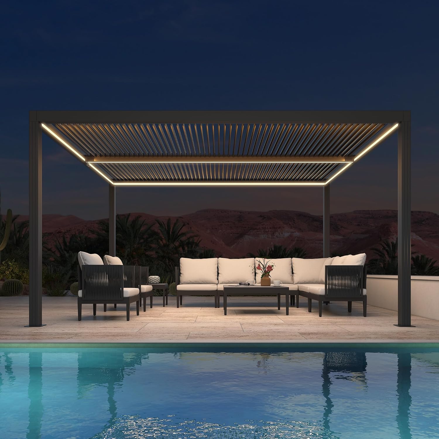 PURPLE LEAF Pavillon 3 x 4.25 m Lamellenpergola mit LED Lichtleiste Wasserdicht Stabil Winterfest Alu Pergola mit Verstellbaren Aluminium-Lamellen für Garten, Grau