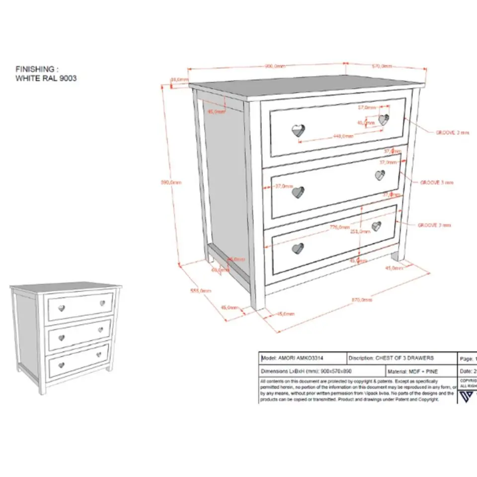 Commode Amori met 3 lades - dennenhout - wit