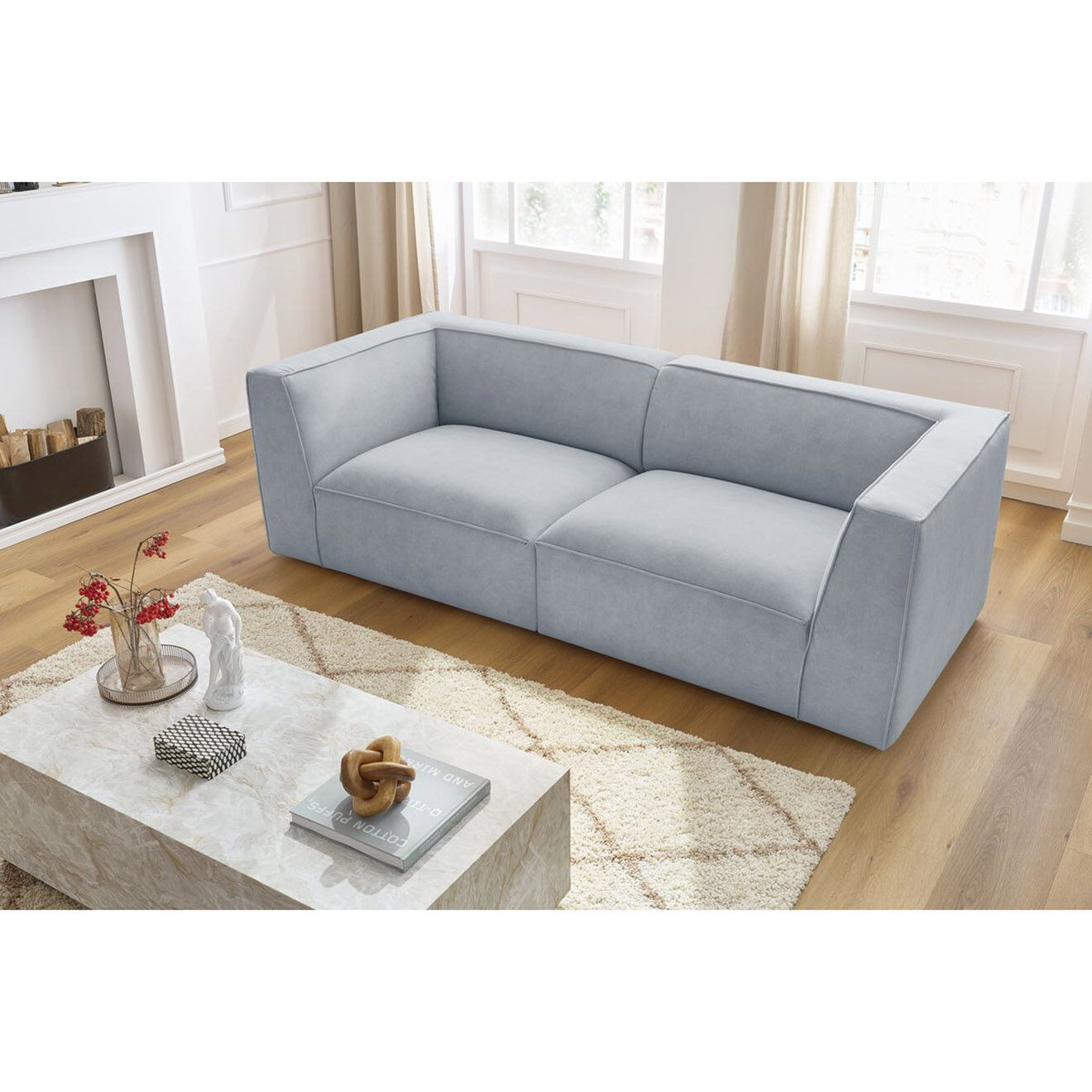 Bobochic Canapé droit fixe 3 places en Velours Molière gris clair - 233x99x71 cm