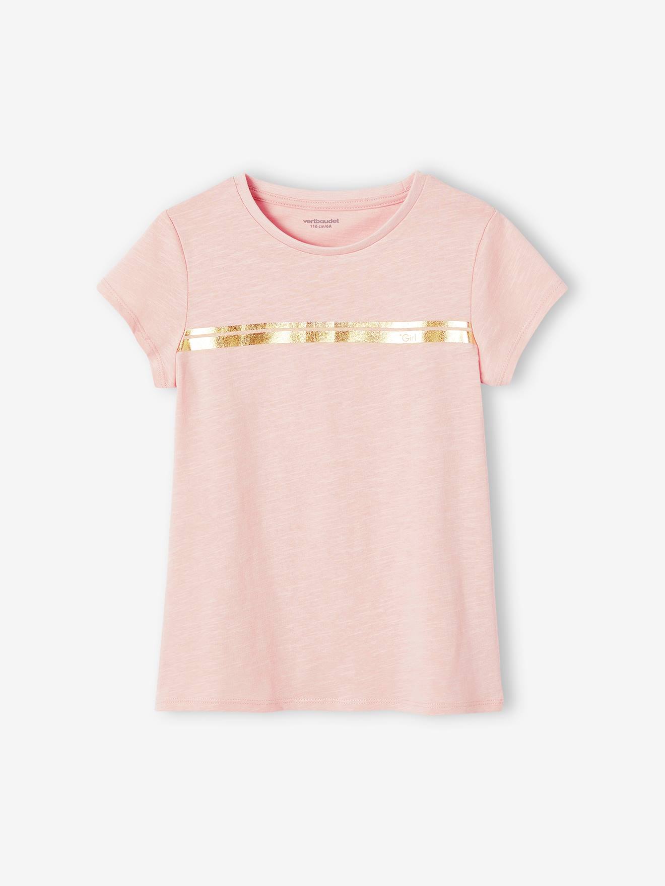 Camiseta esportiva listrada iridescente para meninas, lisa, branca clara com estampas.