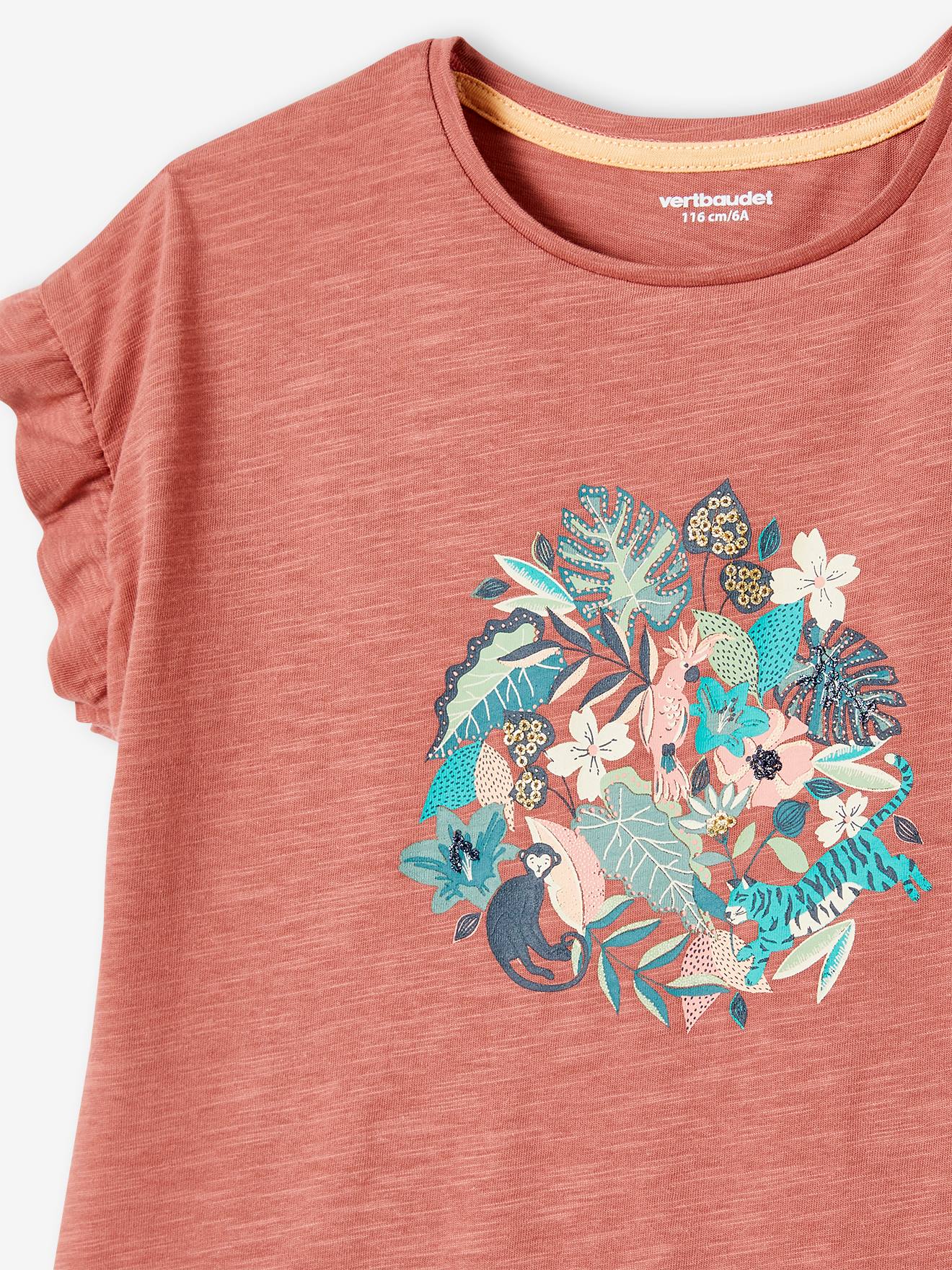 Camiseta com babados e aplicações de lantejoulas, para menina, na cor rosa antigo.