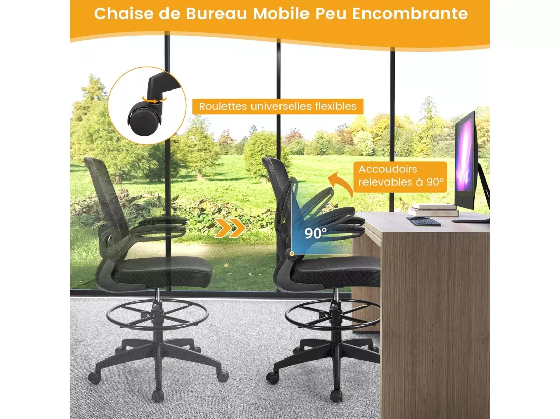 Chaise de Bureau Ergonomique en Maille, Chaise d'Ordinateur avec roulettes, Accoudoirs Rabattables, Repose-Pieds, Réglable en Hauteur, Cadre en Métal Solide, pour Bureau, Charge 120 kg