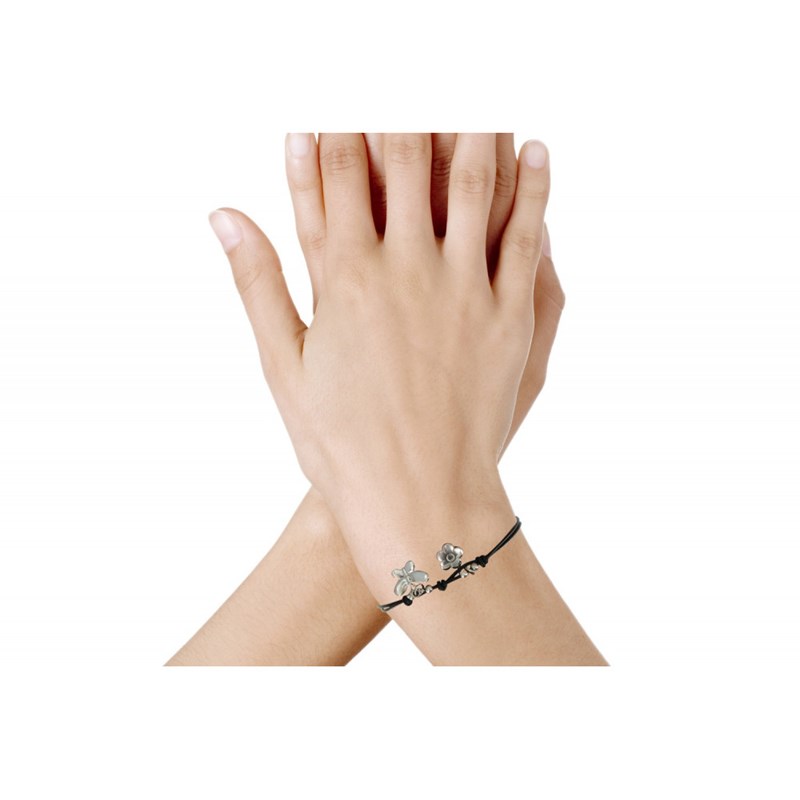 Bracelet Fleur et Papillon Argent Fil Cuir Noir