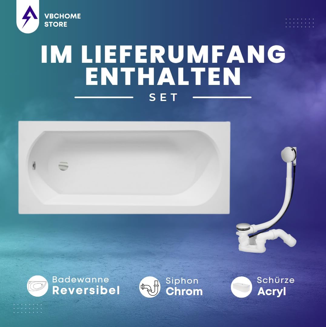 VBChome Badewanne 150x75 cm Acryl SET Schürze Siphon Wanne Rechteck Weiß Design Modern Ablaufgarnitur in Chrom