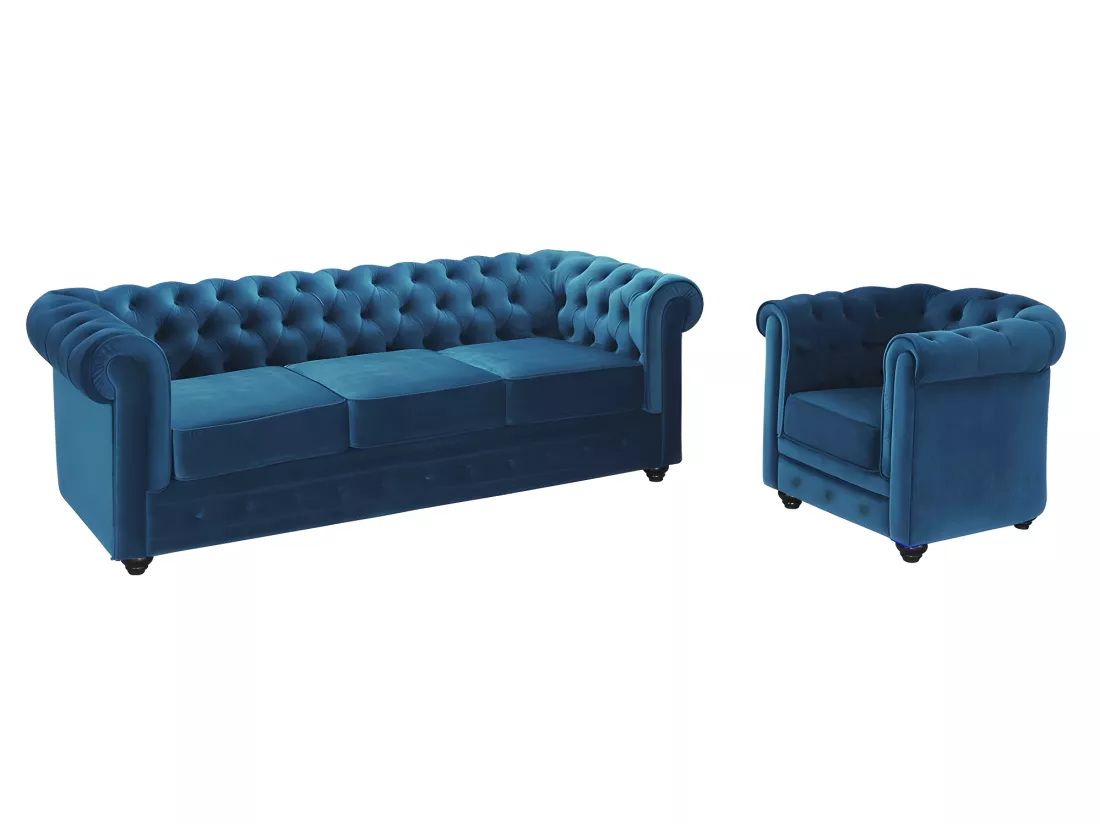 Canapé 3 places et fauteuil CHESTERFIELD - Velours bleu canard