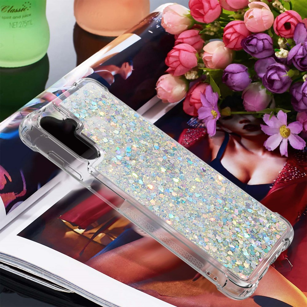 Samsung Galaxy A54 5G Hardcase Hülle mit Air Cushion Fallschutz Liquid Case Glitzer Herzen - Silber / Transparent