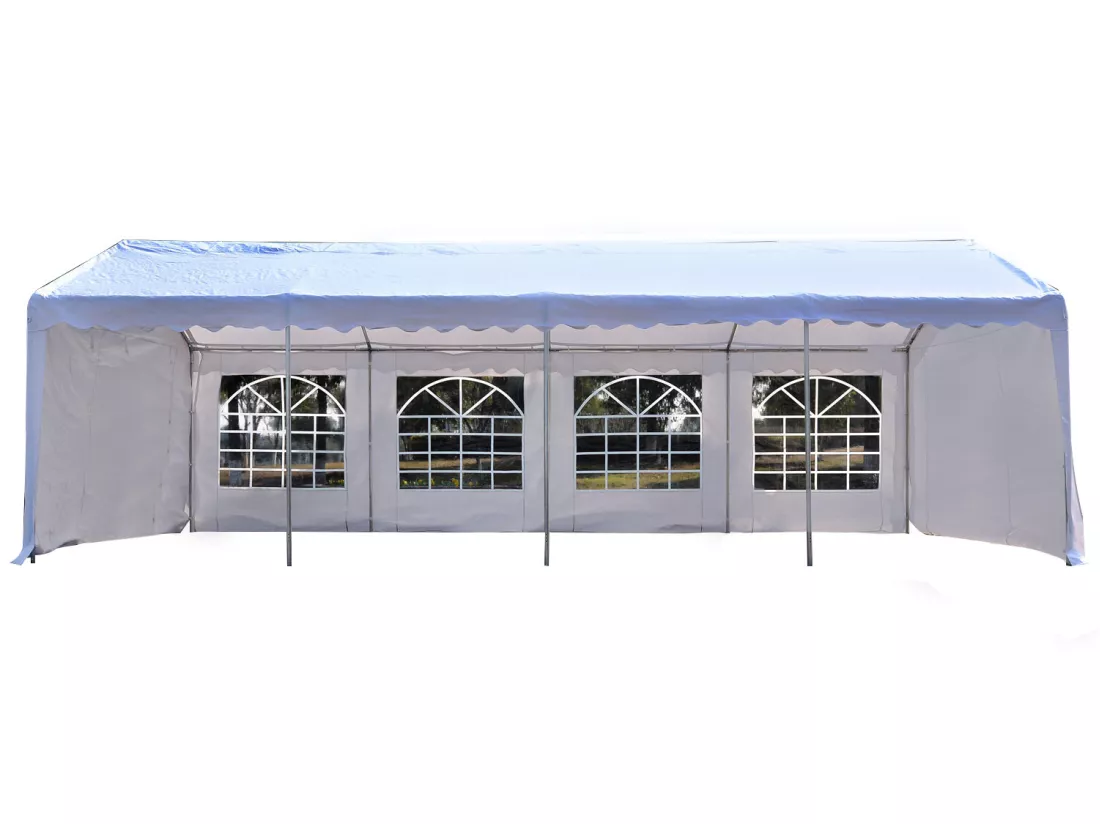 Tente barnum tonnelle de réception 798L x 392l x 280H cm polyéthylène imperméable 8 fenêtres et acier galvanisé robuste blanc